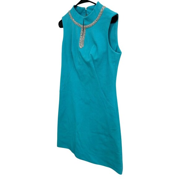 Vintage Sleeveless Turquoise Dress Rhinestone Collar Back Zipper Closure - Picture 3 of 7